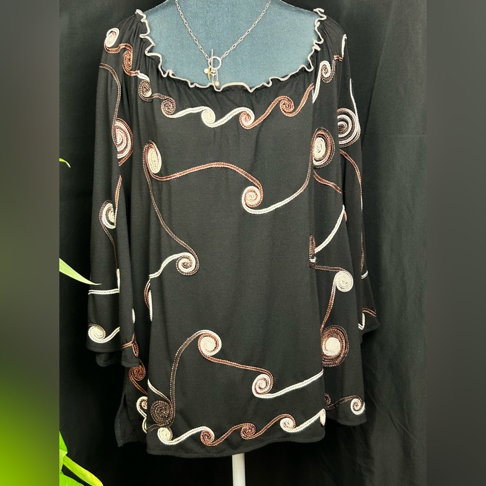 Vintage Lauren Michelle Boho Embroidered Swirl Blouse - Black & Bronze - Size 1X